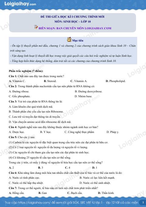 Đề thi giữa kì 1 Sinh 10 Chân trời sáng tạo - Đề số 3
